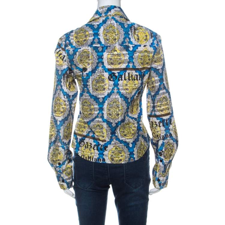 Pre Owned John Galliano Blue and Yellow Printed Cotton Button Front Shirt L 