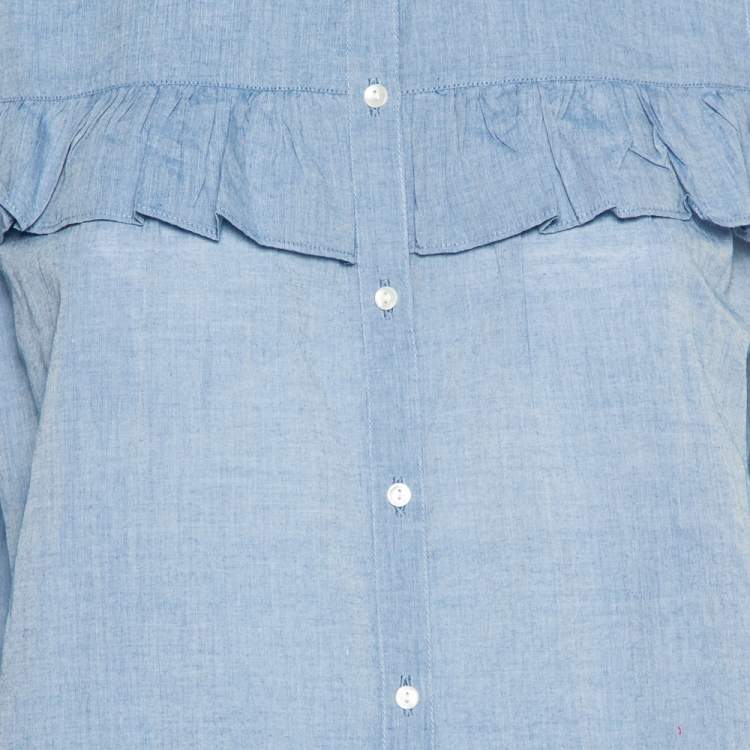 Pre Owned Joie Blue Cotton Cold Shoulder Ruffled Button Front Akari Top M