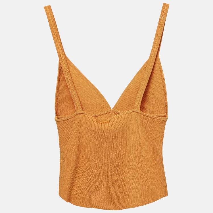 Pre Owned Jonathan Simkhai Brown Rib Knit Cut-Out Detail Crop Top L