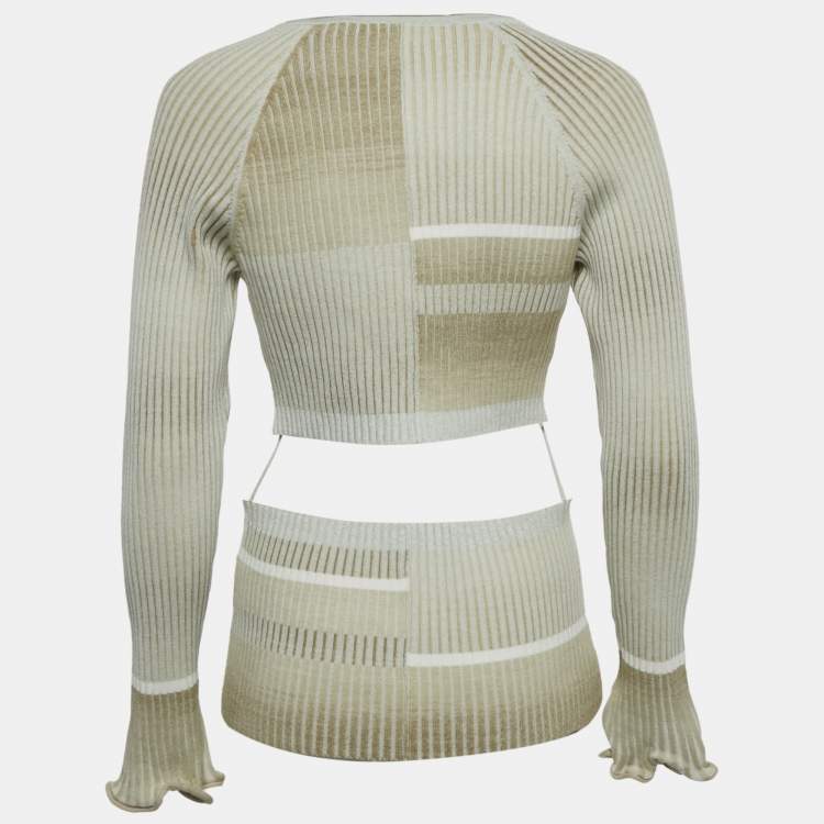 Pre Owned Jonathan Simkhai Beige Peyton Striped Rib Knit Cut-Out Top L