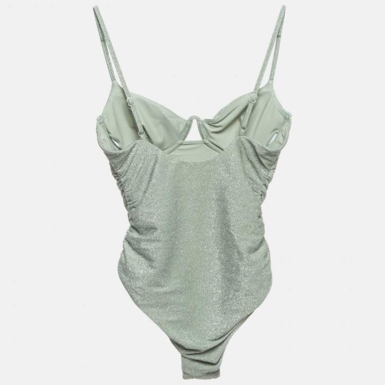 Pre Owned Jonathan Simkhai Sage Green Lurex Knit Ruched Swimsuit S