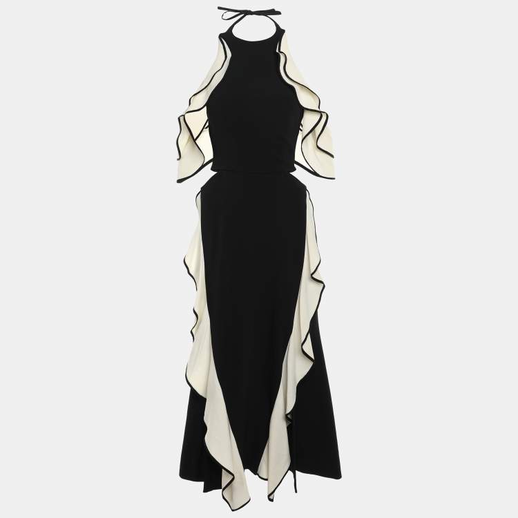 Pre Owned Jonathan Simkhai Black/Cream Crepe Ruffled Detail Dress XS