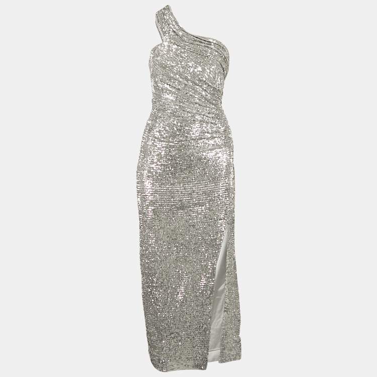 Pre Owned Jonathan Simkhai Silver One Shoulder Sequin Midi Dress S
