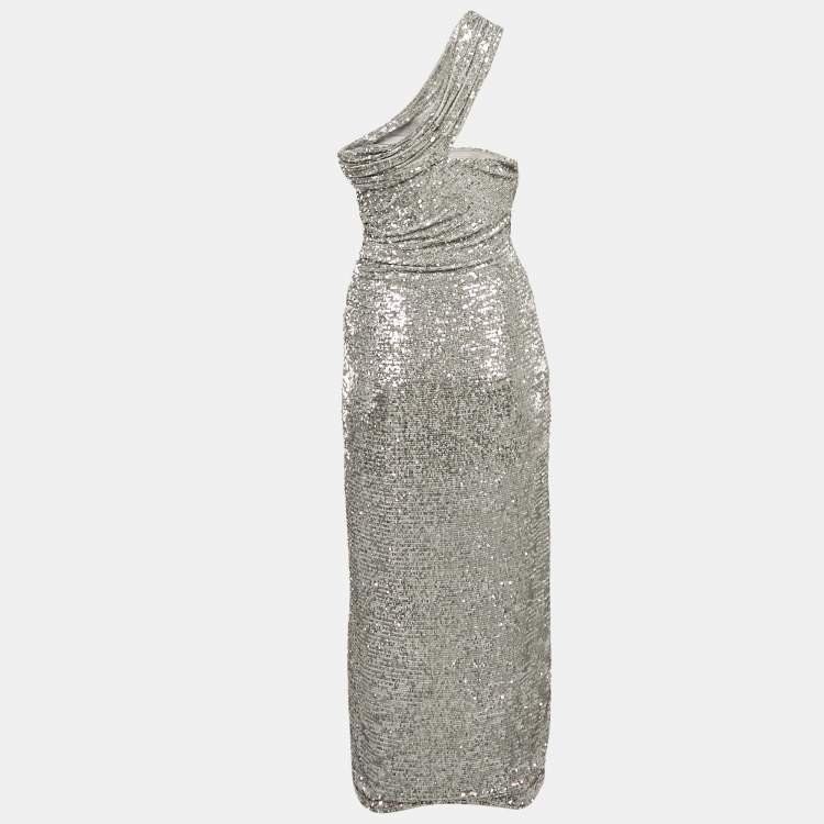 Pre Owned Jonathan Simkhai Silver One Shoulder Sequin Midi Dress S