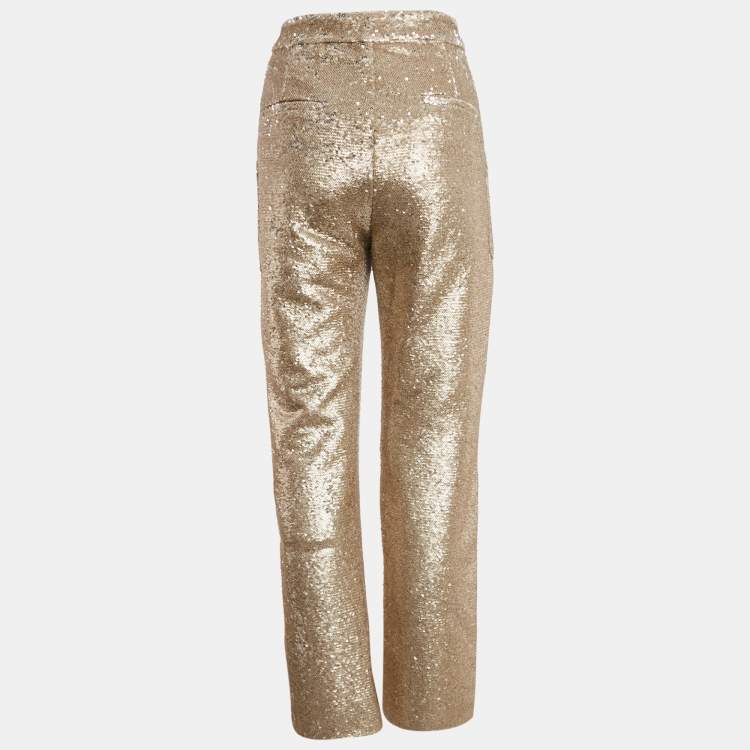 Pre Owned Jonathan Simkhai Gold Sequin Waist Tie-Up Belt Detail Trousers S