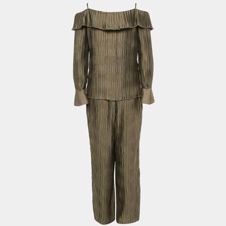 Pre Owned Jonathan Simkhai Green Plisse Mariah Cold-Shoulder Blouse and Pants M