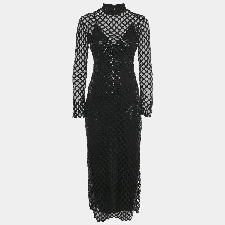 Pre Owned Jonathan Simkhai Black Honeycomb Sequin Mesh Ainaz Long Dress S