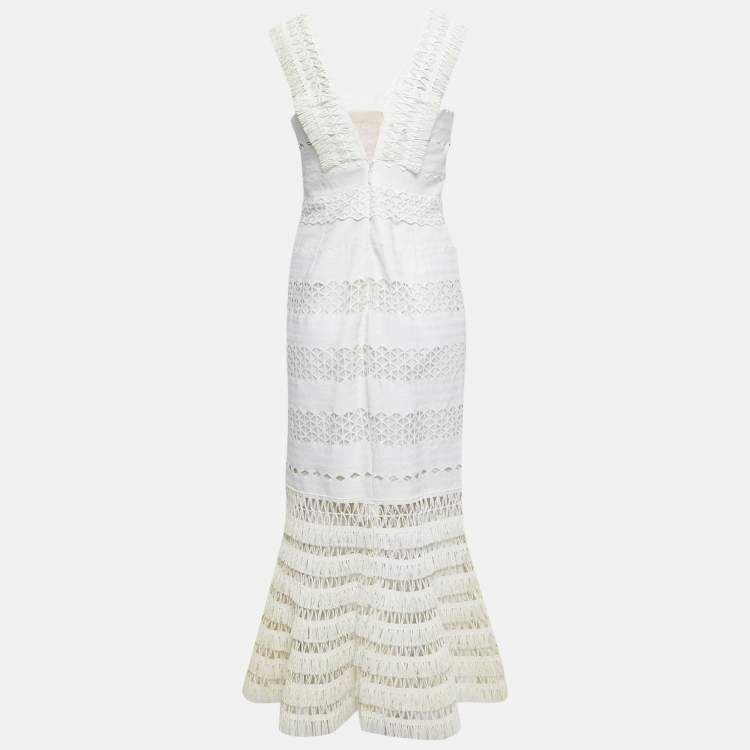Pre Owned Jonathan Simkhai Off White Straw Trim Knit Sleeveless Midi Dress M