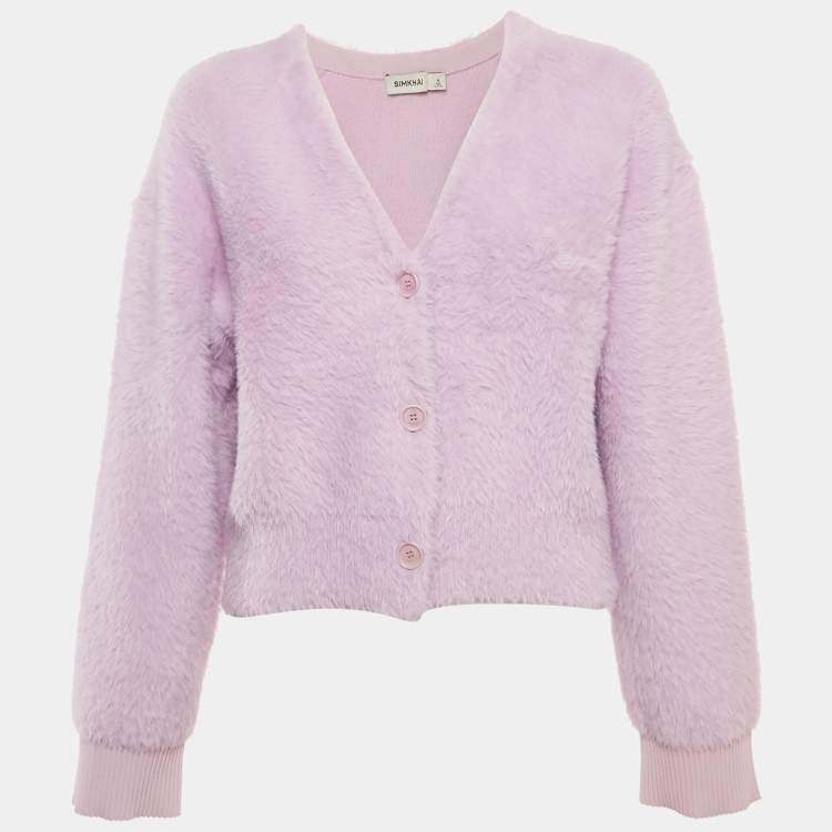 Pre Owned Jonathan Simkhai Lavender Faux Fur Buttoned Cardigan M