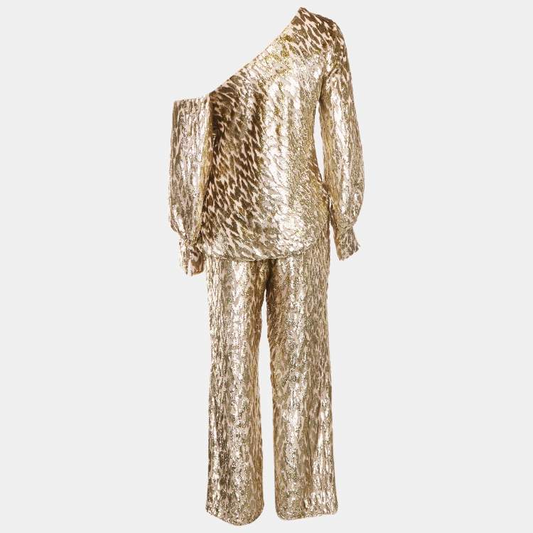 Pre Owned Jonathan Simkhai Gold Silk and Lurex Top and Pants Set S/XS