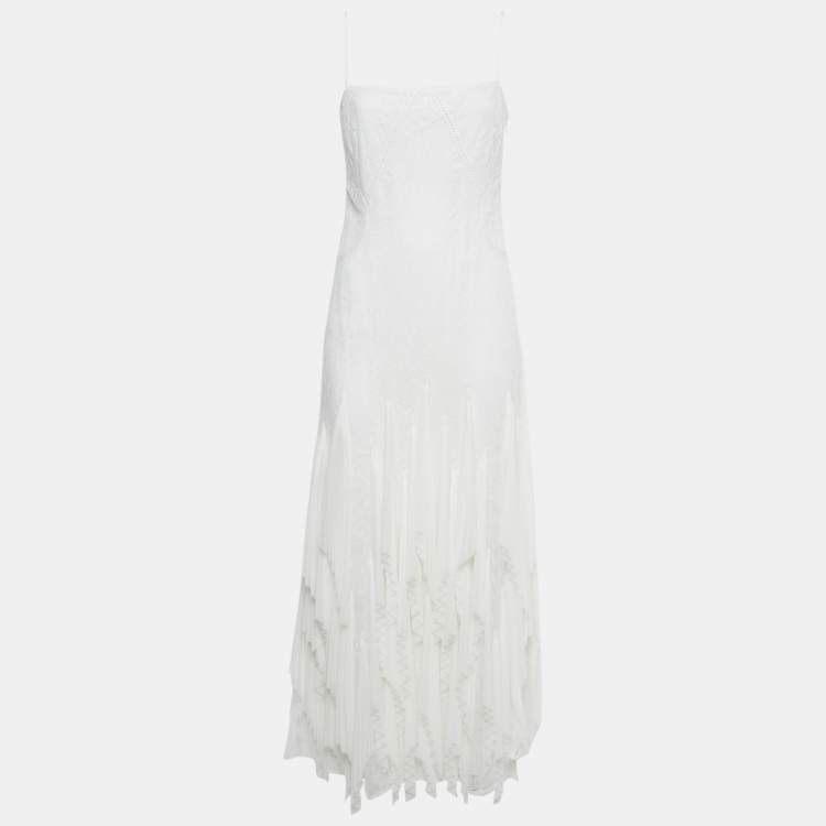 Pre Owned Simkhai White Chiffon Pleated Lace Maxi Dress S