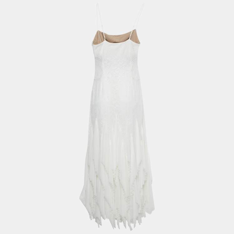 Pre Owned Simkhai White Chiffon Pleated Lace Maxi Dress S