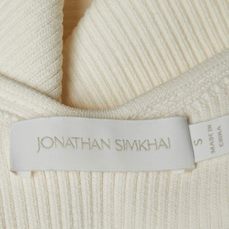 Pre Owned Jonathan Simkhai White Rib Knit Stone Studded Cain Shoulder Detail Crop Top S