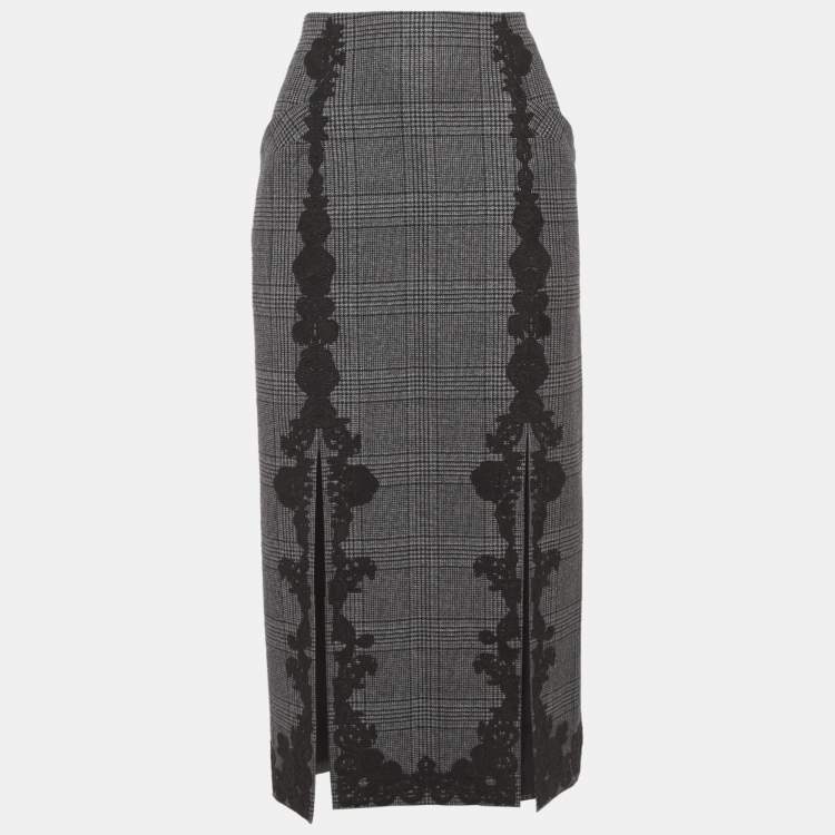 Pre Owned Jonathan Simkhai Grey Check Wool Lace Applique Midi Skirt S