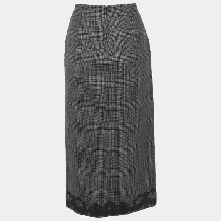 Pre Owned Jonathan Simkhai Grey Check Wool Lace Applique Midi Skirt S
