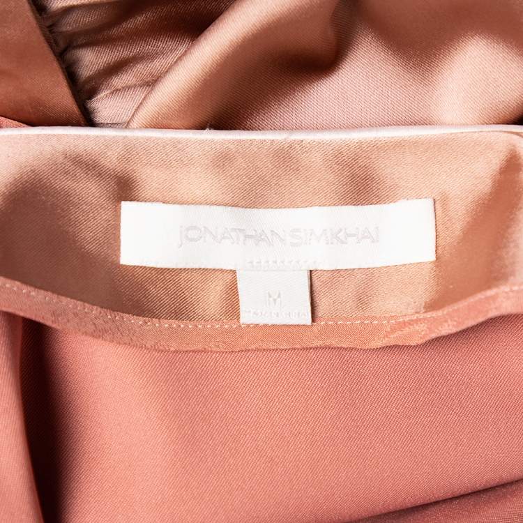 Pre Owned Jonathan Simkhai Salmon Pink Crepe Satin Wrap Crop Top & Wide Leg Track Pants Set M
