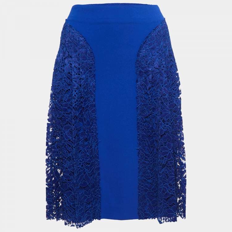 Pre Owned Joseph Blue Crepe & Lace Trim Pleated Short Skirt L