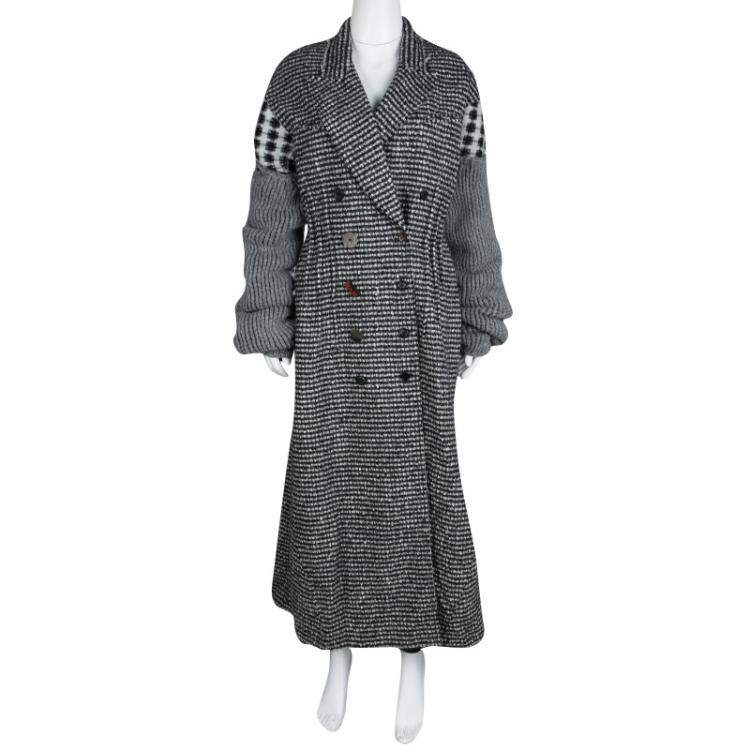 Pre Owned Joseph Grey Check Jersey and Jacquard Wool Al Maxi Overcoat L