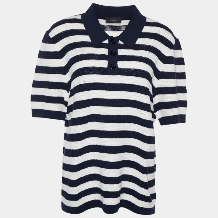 Pre Owned JosephNavy Blue & White Striped Perforated Cotton Knit Polo T-Shirt XL
