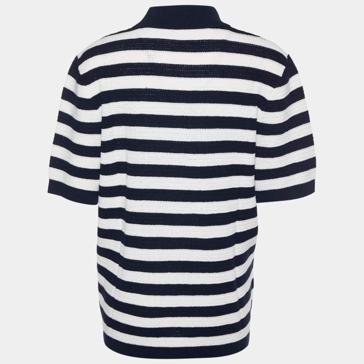 Pre Owned JosephNavy Blue & White Striped Perforated Cotton Knit Polo T-Shirt XL
