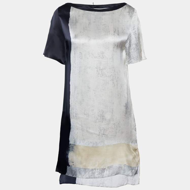 Pre Owned Joseph Cream & Black Paint Printed Silk Pattina Dress L