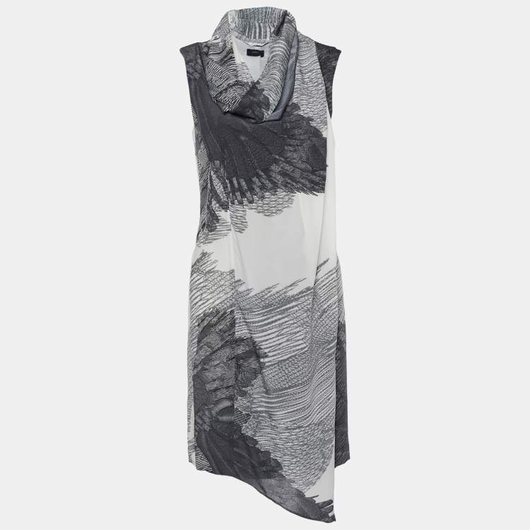 Pre Owned Joseph Monochrome Eagle Printed Silk Neck Scarf Detail Cooper Dress M
