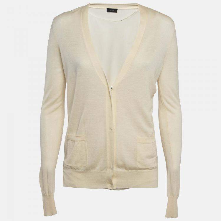 Pre Owned Joseph Cream Georgette and Wool Buttoned Cardigan L