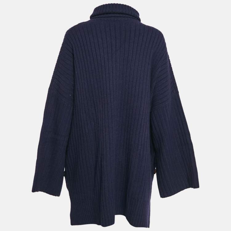 Pre Owned Joseph Navy Blue Rib Knit Wool Buttoned Poncho L