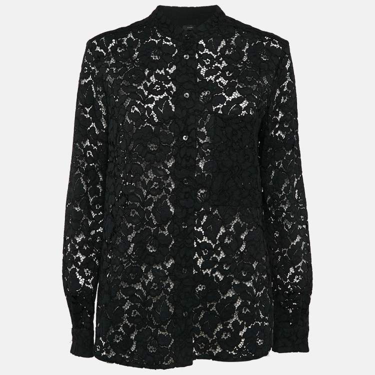 Pre Owned Joseph Black Floral Lace Button Front Blouse M