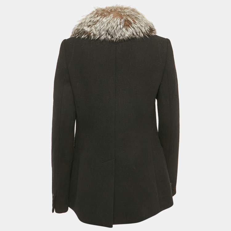Pre Owned Joseph Black Fur Trim Felt Button Front Jacket L