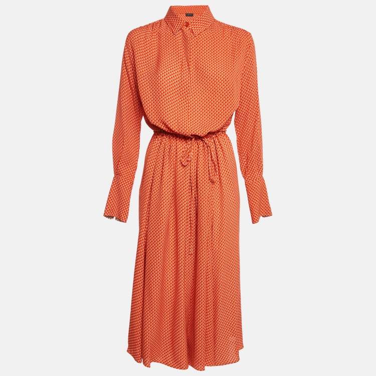 Pre Owned Joseph Orange Floral Print Silk Shirt Dress M