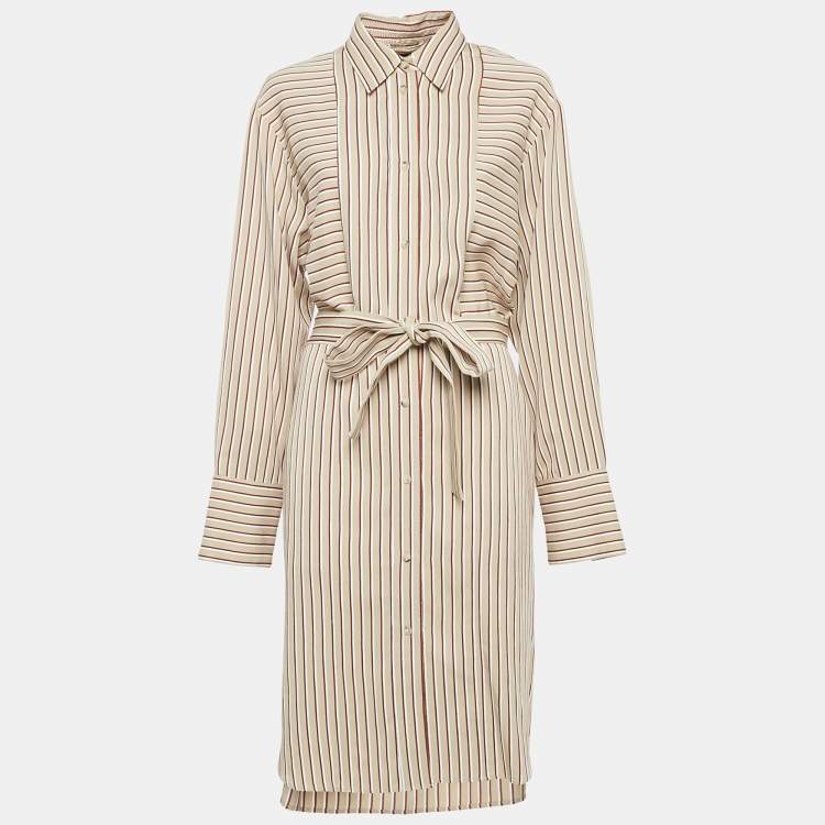 Pre Owned Joseph Beige Club Stripe Gabardine Belted Daxtona Midi Shirt Dress L