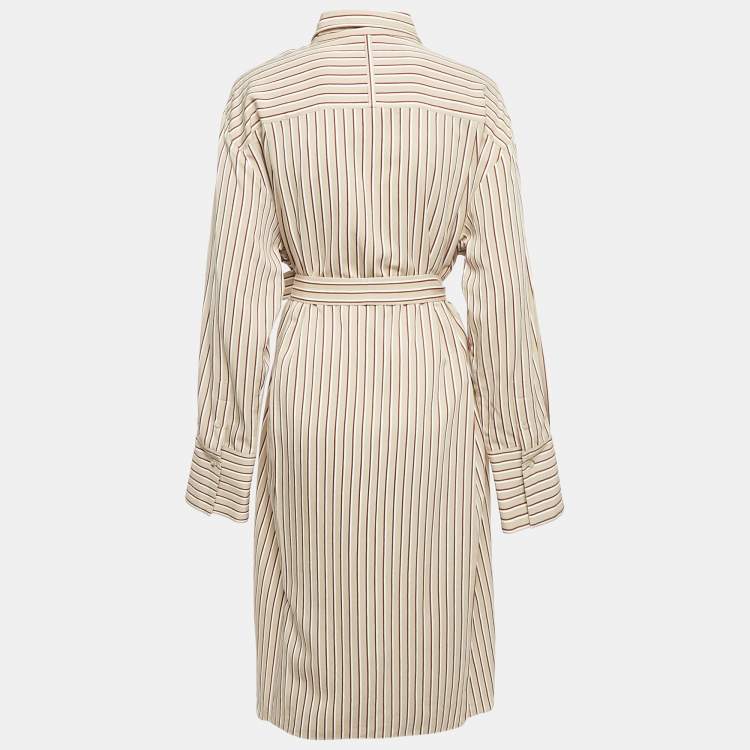 Pre Owned Joseph Beige Club Stripe Gabardine Belted Daxtona Midi Shirt Dress L