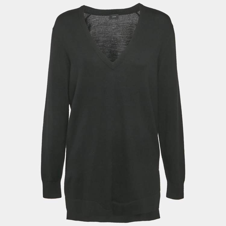 Pre Owned Joseph Black Wool V-Neck Long Sleeve Tunic Sweater M