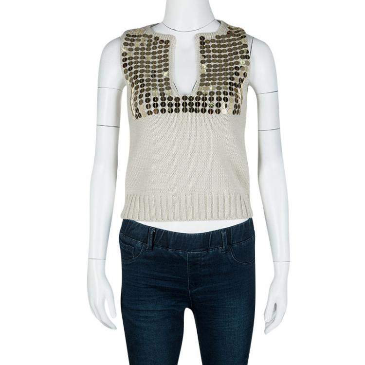 Pre Owned Joseph Beige Embellished Wool Sleeveless Sweater S