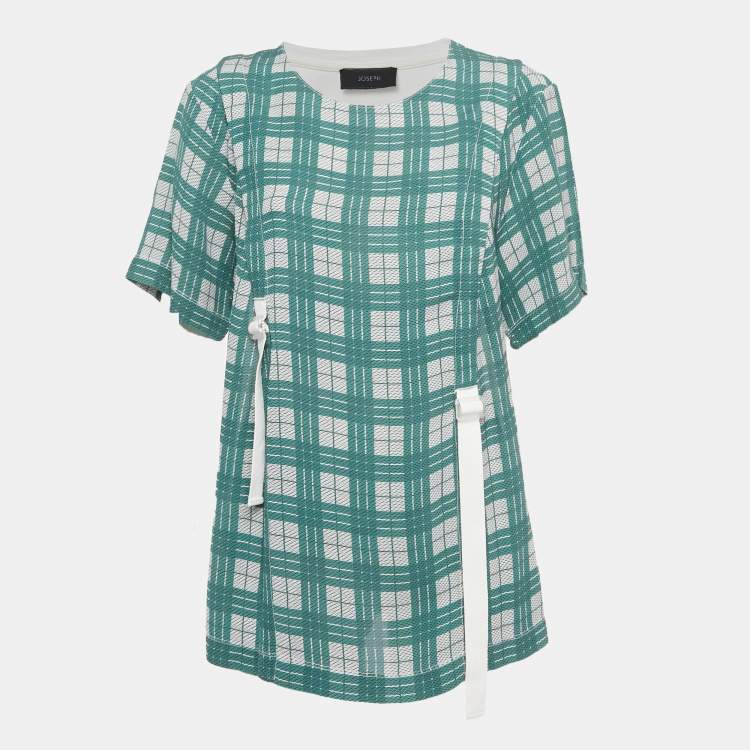 Pre Owned Joseph Green /White Checkered Cotton & Crepe Belt Detail T-Shirt L