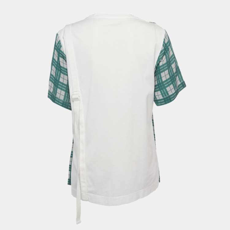 Pre Owned Joseph Green /White Checkered Cotton & Crepe Belt Detail T-Shirt L