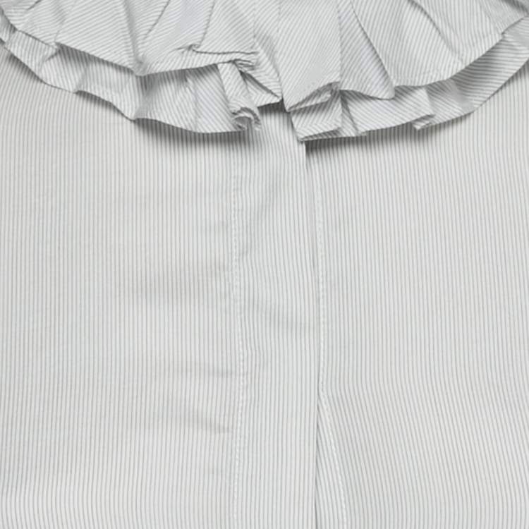 Pre Owned Joseph White Striped Silk Ruffle Neck Shirt Dress M