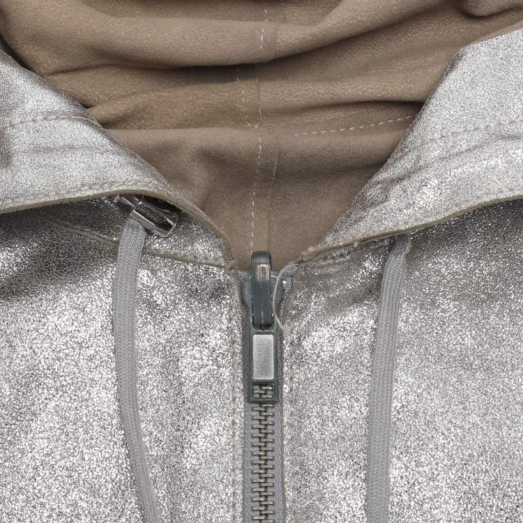 Pre Owned Joseph Silver Foil Leather Sleeveless Hooded Jacket M