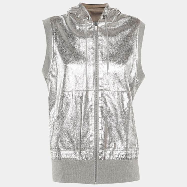 Pre Owned Joseph Silver Foil Leather Sleeveless Hooded Jacket M