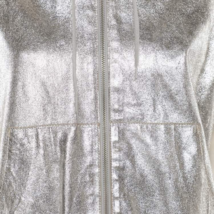 Pre Owned Joseph Silver Foil Leather Sleeveless Hooded Jacket M