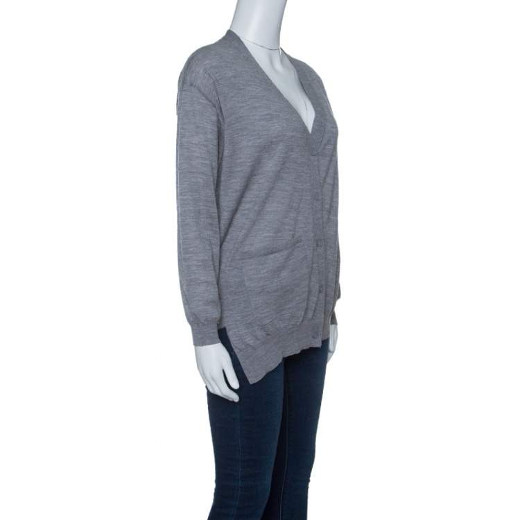Pre Owned Joseph Grey Merinos Wool Ribbed Trim Asymmetric Cardigan XS