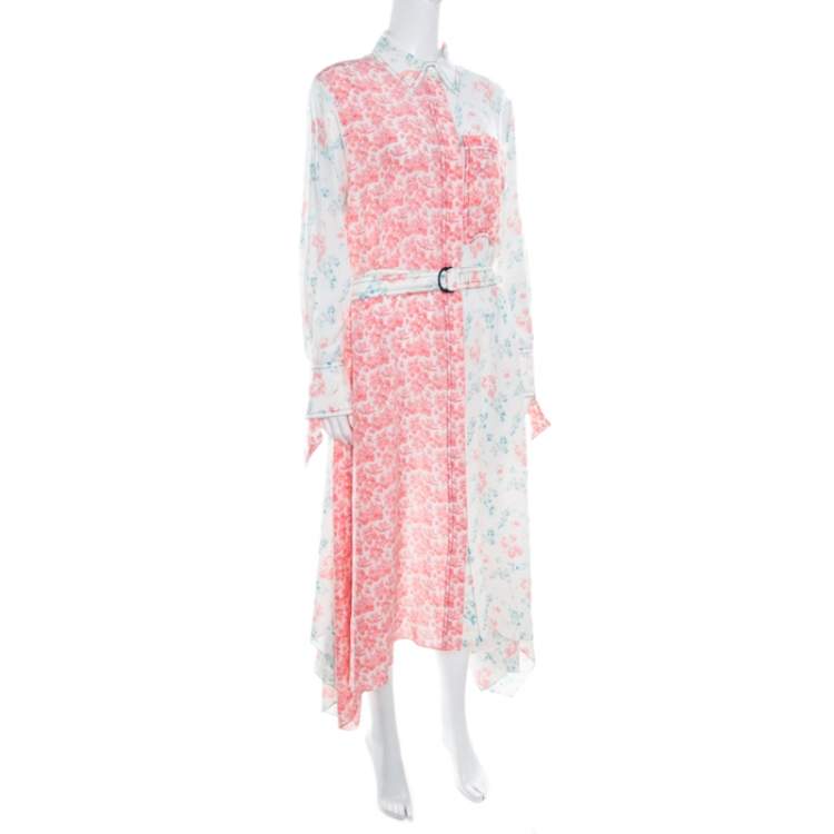 Pre Owned Joseph Pastel Peony Printed Silk Handkerchief Hem Belted Cyprien Shirt Dress M