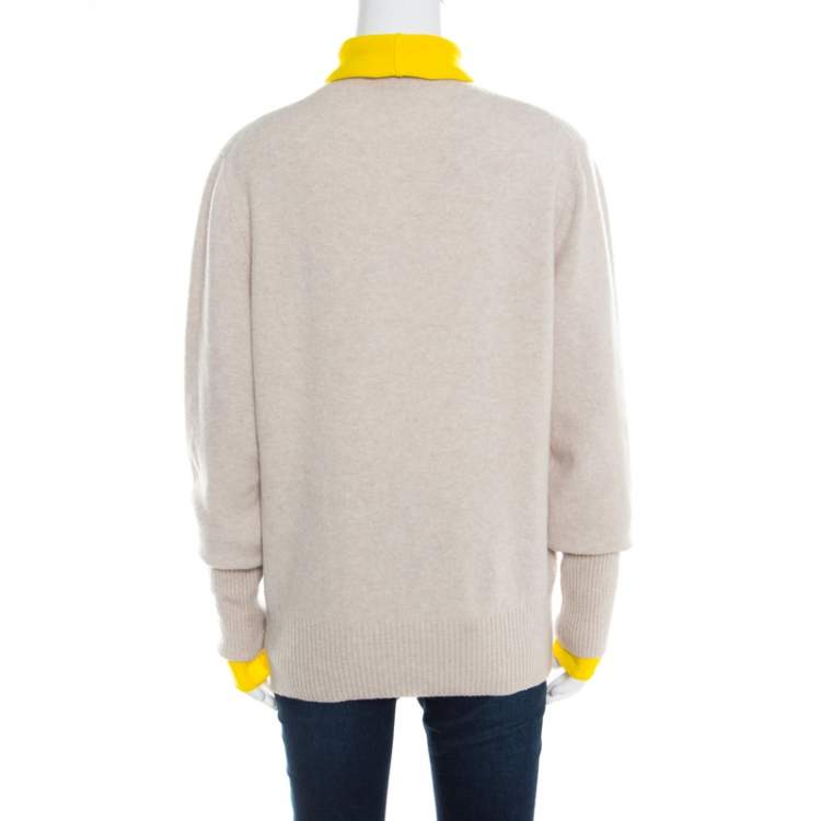 Pre Owned Joseph Beige and Yellow Faux Layered V+High Neck Wool Blend Sweater M
