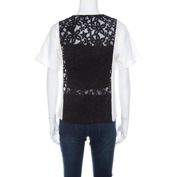 Pre Owned Joseph Black and White Leather Floral Lace Detail Jill Broderie Anglaise Top M 
