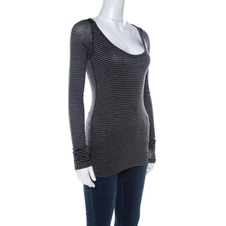 Pre Owned Joseph Grey Striped Tencel Stretch Knit Scoopneck Top S 
