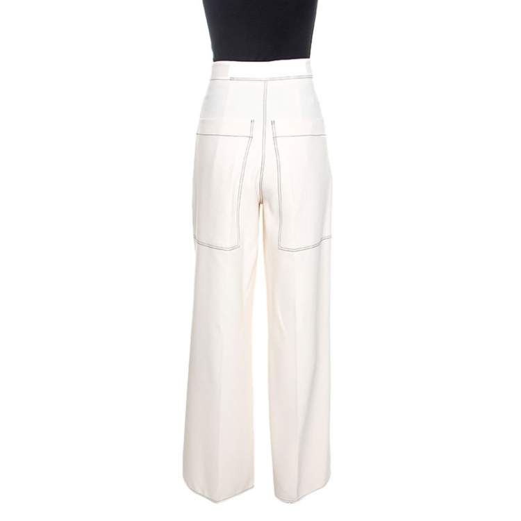 Pre Owned Joseph Cream Crepe Contrast Stitch Wide Leg Kirn Trousers M
