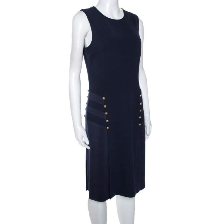 Pre Owned Joseph Navy Blue Crepe Sleeveless Step Button Dress M 