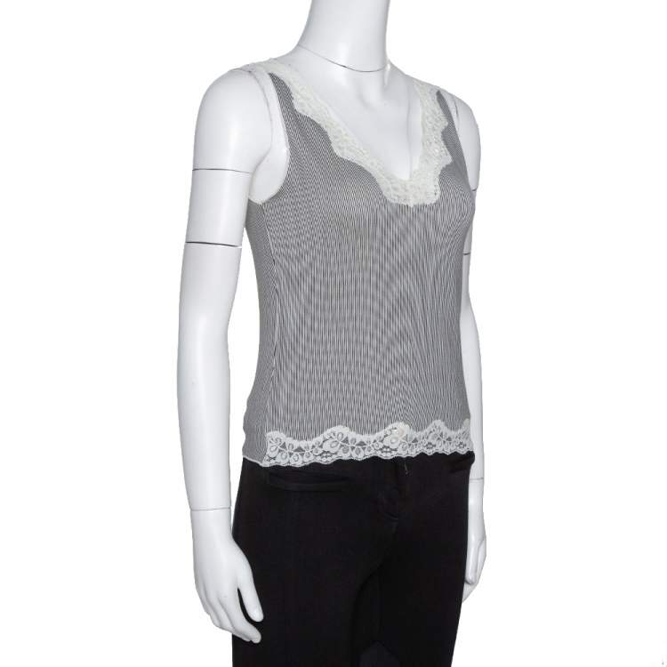 Pre Owned Joseph Monochrome Striped Knit Lace Trim Camisole Top XS