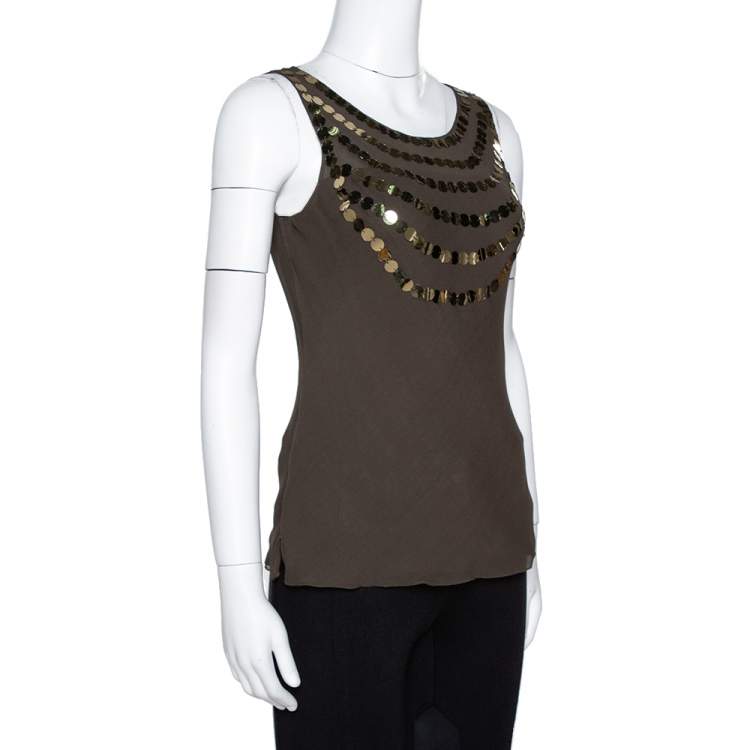 Pre Owned Joseph Olive Green Silk Sequin Embellished Sleeveless Top S